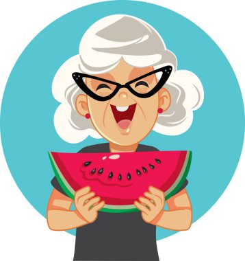 Mutlu Gülümseyen Büyükanne elinde bir karpuz doğrayıcı çizgi film tutuyor.