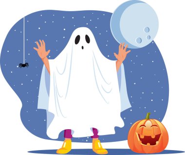 Cadılar Bayramı Vektörü çizgi filmi için Korkunç Hayalet gibi giyinmiş Komik Çocuk