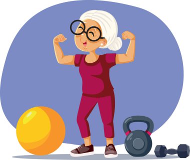 Sportif Büyükanne Ağırlık Çalışması Yapıyor Vektör Çizgi Filmi