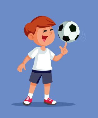 Küçük Çocuk Futbol Topu Vektörü Çizgi Filmi İllüstrasyonuyla Oynuyor