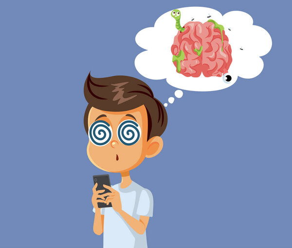 Kid Suffering from Brain Rot Scrolling Phone Vector Cartoon