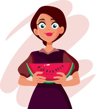 Mutlu Gülümseyen Kadın Karpuz Dilimleyici Karakteri Tutuyor