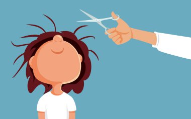 Kıvırcık Saçlı Çocuk Saç Tıraşı Vektör Çizgi Filmi Çizimi Yapıyor