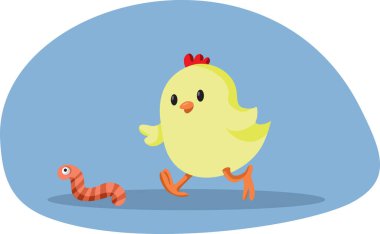 Komik Aç Piliç Küçük Solucan Vektör Çizgi Filminin peşinden koşuyor