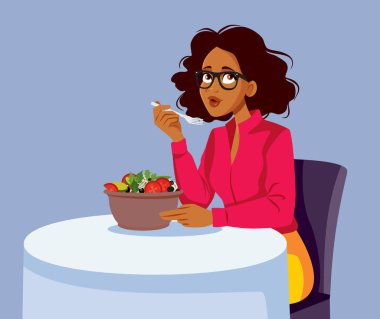 Vejetaryen Diyet Vektörü İllüstrasyonunda Salata Yiyen Kadın