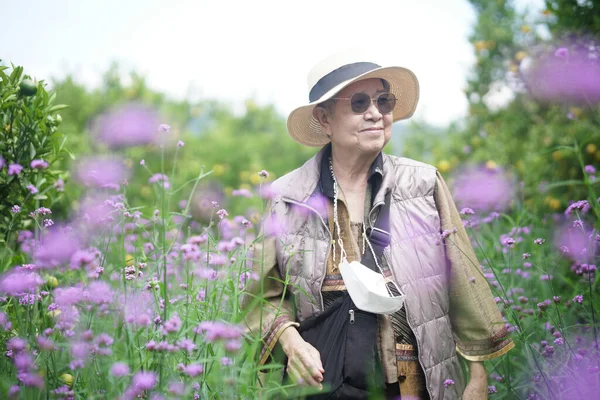 上了年纪的老妇人在青紫花园公园散步时 休息得很放松 — 图库照片