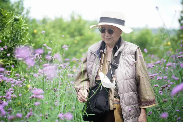 上了年纪的老妇人在青紫花园公园散步时 休息得很放松 — 图库照片