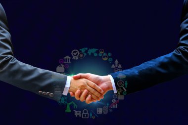 Businessmen shaking hands, business cooperation, exchanging business information in the vast commercial world. element futuristic digital icon beauty glare