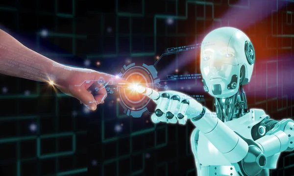 Emberi Ujj Megérintése Robotujj Világít Elem Futurictic Dokumentum Digitális Ikon Stock Kép