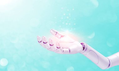 3D robotik el, elinde parlak mavi ışık, soyut mavi arkaplan üzerinde, ai sanatsal zeka, insani duyguları taklit eder.