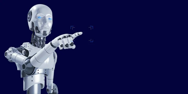 Robot Wskazujący Palcem Kwadrat Skopiuj Izolat Miejsca Niebiesko — Zdjęcie stockowe