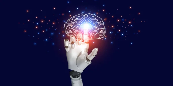 3D机器人手触摸大脑图标 蓝色复制空间上有发光的美丽光隔离 免版税图库照片
