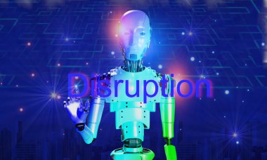 artificial intelligence 3D robortic with disruption word on abstract background , technology concept clipart