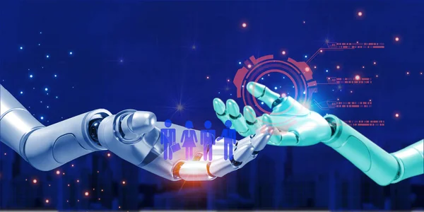 artiicial intelligence 3D robotic hand with element digital people icon on abstrat background