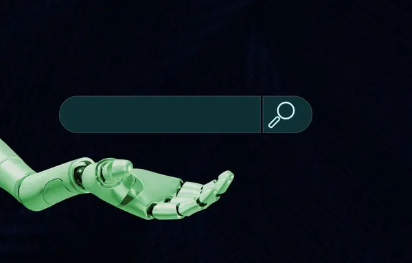 Robotarm Met Zoekgebied Isoleren Blauwe Achtergrond — Stockfoto