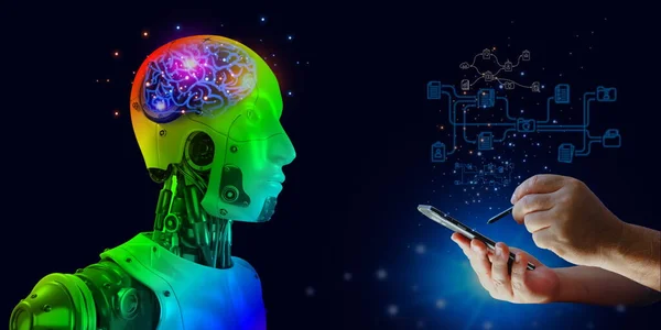 人工智能多色三维机器人大脑图标灯光与人工智能聊天的人 免版税图库照片