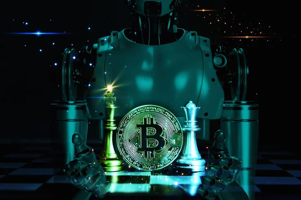 Bitcoin Arany Király Sakk Ezüst Királynő Sakk Fedélzeten Robotizzó Fény Stock Kép