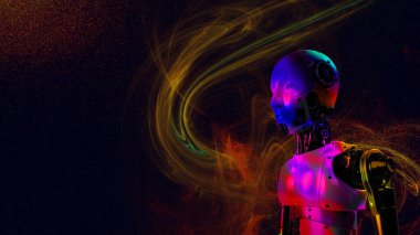 Parlak ışık bulutsusu arkaplanında çok renkli 3D robotik. Yapay zeka, insan zekasını ve karar verme mekanizmasını algoritmik kalıplara dayandırmak üzere tasarlanmıştır..