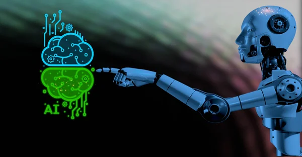 Roboten Pekar Finger Illustration Som Jämför Den Mänskliga Hjärnan Med — Stockfoto