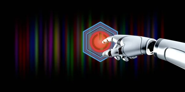 Robotyczne Strony Dotykając Przycisku Zasilania Uruchamiając Sztuczną Inteligencję Oparating — Zdjęcie stockowe