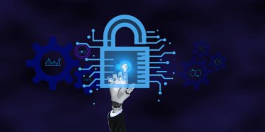 Soyut arkaplanda anahtar simgesini açmak için işaret parmağı gösteren iş elbisesi ile robotik hazırlama el, boşluğu kopyala