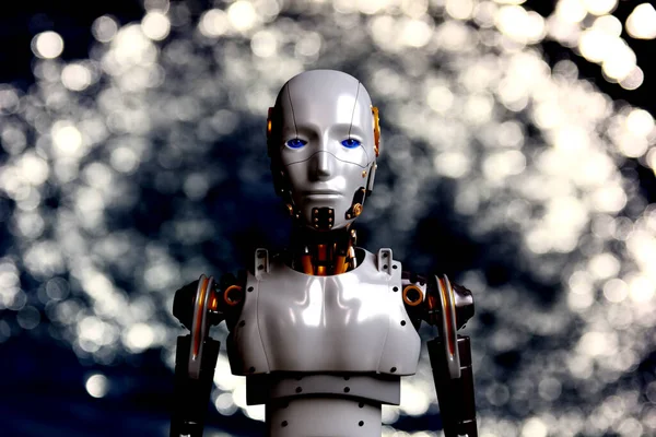 3D机器人渲染高性能机器人工作而不是人类的技术概念 图库图片