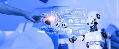 İnsan eli dijital sağlık simgesine dokunuyor. 3D robotik algoritma kullanılarak çevrimiçi uyumlu tedavi yöntemi kullanılıyor.