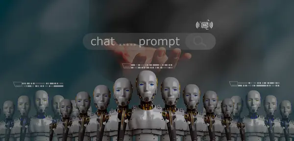 business man using 5G network chat  and  prompt  with group of robotic renders prepare algorithm for working , technology concept