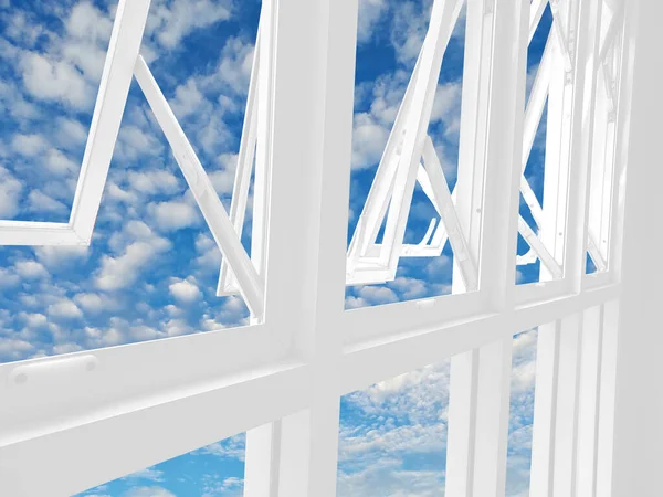 new design white aluminum window frame aginst blue sky white cloud