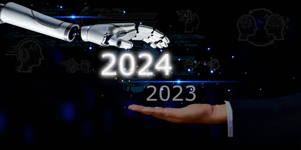 2024 business revolution Companies using AI technology Come help upgrade employees, plan your business, and create protection against cyber attacks. business hand with robotic hand text 2024 element digital icon , technology concept