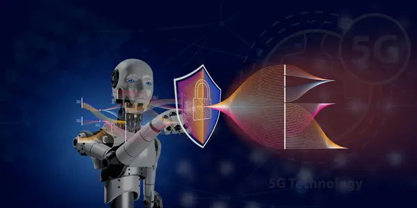 AI technology cyber security protect business by firewall program . 3D robotic render with data flow diagram text 5G Tehnology worldwild cyber security digital icon