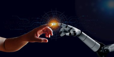 3D robotik el, insan eli veri bağlantı kontrol monitörü, yapay zeka teknolojisi konsepti