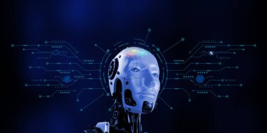 Mavinin devre diyagramında 3 boyutlu robot çizimi. Yapay zeka teknolojisi iletişim aktarım bilgilerini birbirine bağlıyor.
