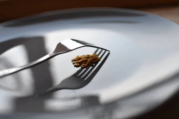 Здоровый Завтрак Вилка Серая Тарелка Едой Крупы Здоровое Питание — стоковое фото