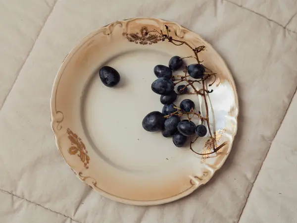 Minimal still life: Vertical close up shot of black grapes on a vintage beige plate.
