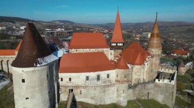 Hunedoara 11.02.2023. Corvin Castle in rennovation process, drone footage. 