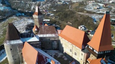 Drone flight over Corvin Castle, Hunedoara, Romania.