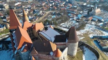 Hunedoara 11.02.2023. Corvin Castle in rennovation process, drone footage. 