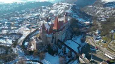 Drone flight over Corvin Castle, Hunedoara, Romania.