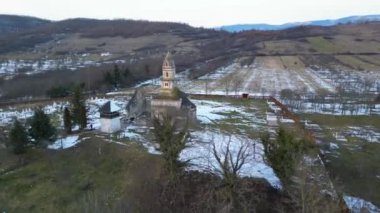 Densus Christian Church in the village Densus, Transylvania, Romania, Europe. Drone footage.