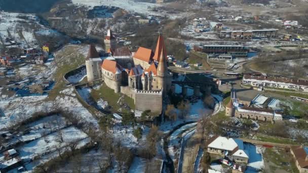 Hunedoara 2023 Corvin Castle Rennovatieproces Drone Beelden — Stockvideo