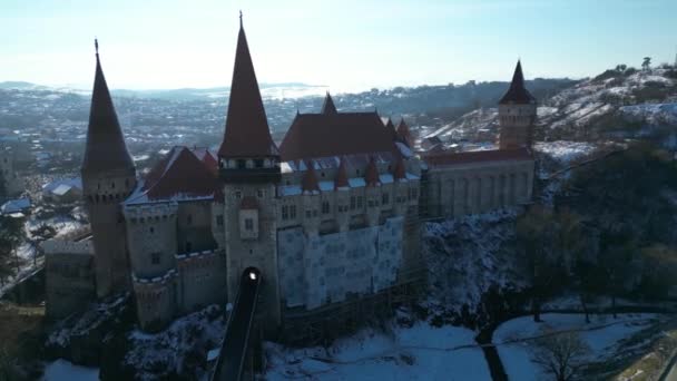 Hunedoara 2023 Corvin Castle Rennovation Process Drone Footage — Stok video