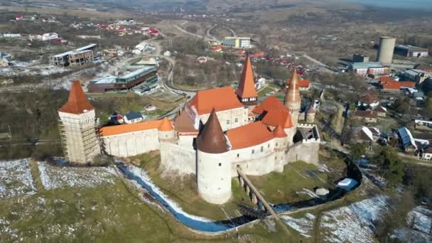 Hunedoara 2023 Corvin Castle Rennovation Process Drone Footage — Stok video