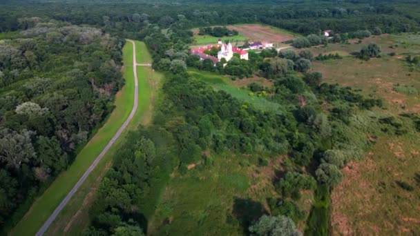 ルーマニアのアラド郡を背景にベズディン修道院とモールス氾濫原自然公園 ドローンの空撮 — ストック動画
