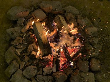Ateş karanlıkta, yakın planda yanıyor. Ateşin kırmızı dilleri bahçede yanıyor. Kavram: ısı, karanlıkta ışık, ısı
