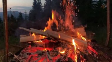 Ateş karanlıkta, yakın planda yanıyor. Gece ormanında alevlerin kırmızı dilleri. Kavram: ormanda yürüyüş, karanlıkta ışık..