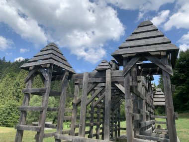 Kütüklerden yapılmış bir kale. Orta Çağ 'ın koruyucu yapısı, ahşap takviye. Tustan Kale Duvarı, Ukrayna tarihi anıtı.