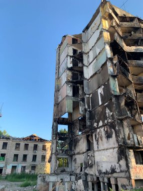 A destroyed multi-storey building from an air bomb explosion. A burned-out residential building due to a rocket explosion. Russia's war with Ukraine, Borodyanka, Kyiv region, July 21, 2022.