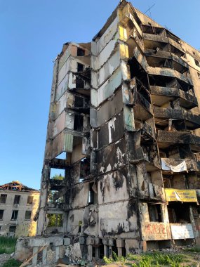 A destroyed multi-storey building from an air bomb explosion. A burned-out residential building due to a rocket explosion. Russia's war with Ukraine, Borodyanka, Kyiv region, July 21, 2022.