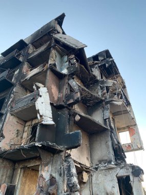 A destroyed multi-storey building from an air bomb explosion. A burned-out residential building due to a rocket explosion. Russia's war with Ukraine, Borodyanka, Kyiv region, July 21, 2022.